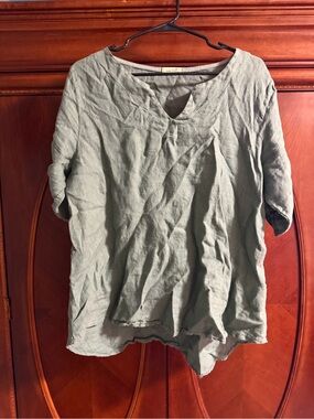 Light Green Washed Linen Short Sleeve Top